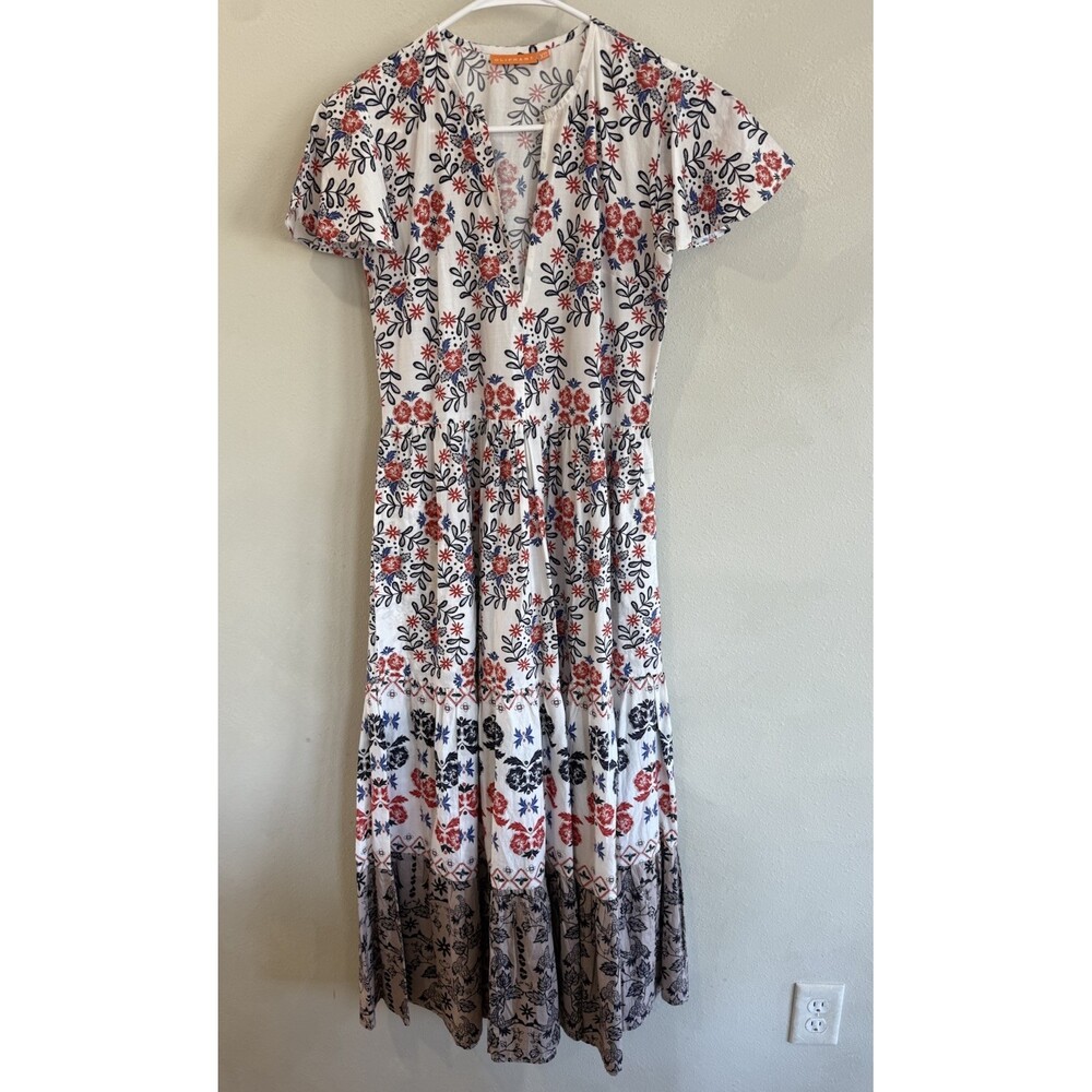 Oliphant Teired Hem Flutter Sleeve Maxi Dress Women’s XS Extra Small Boho Cotton
